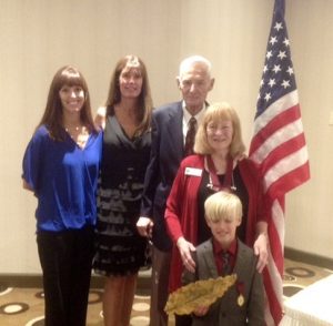 Susan Shepherd Lapp, Sally Shepherd Stovall, Jim Shepherd (Historian) Scarlett Stahl (Governor) and Lucas Lapp at the new American Flag that was donated by the Shepherd Family. 